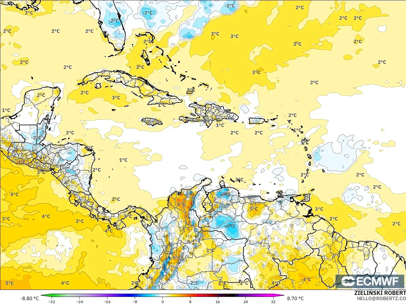 ECMWF IFS 0.25° モデル - カリブ海, 気温異常（2m）