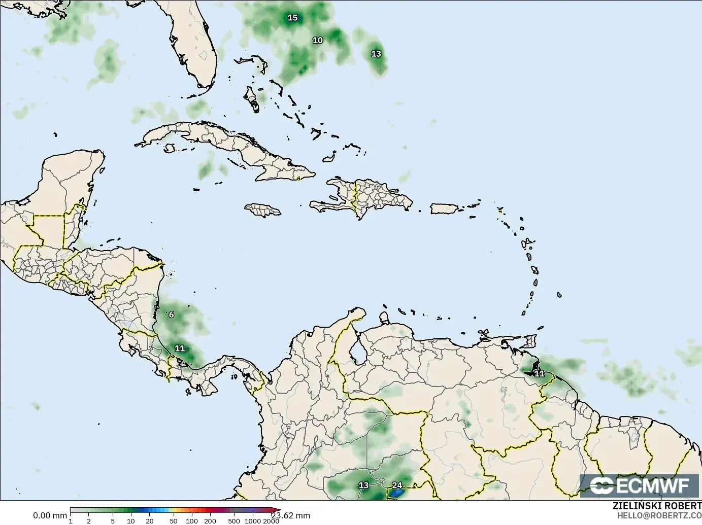 ECMWF IFS 0.25° モデル - カリブ海, 降水量の合計