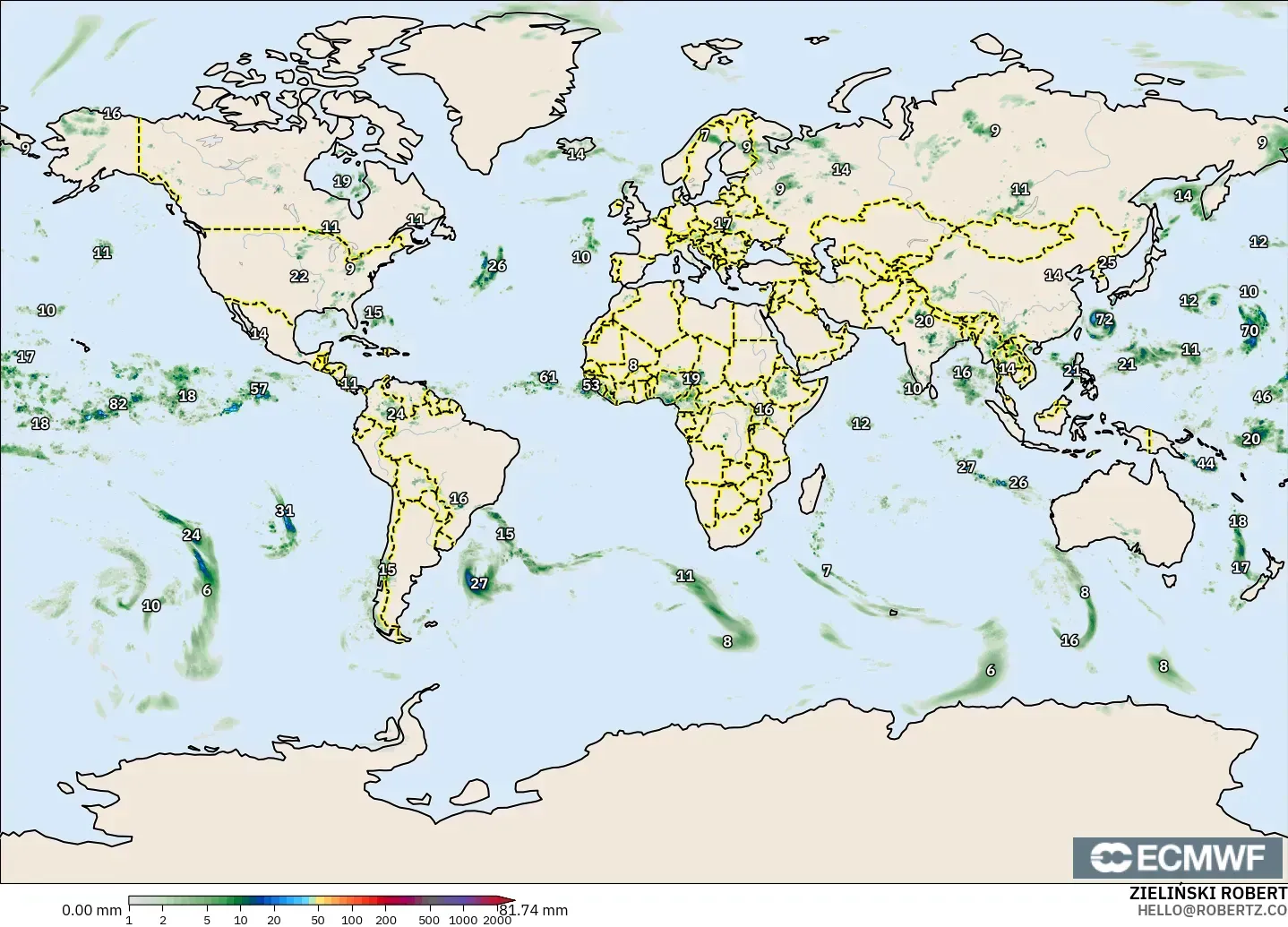 ECMWF IFS 0.25° モデル - 世界, 降水量の合計