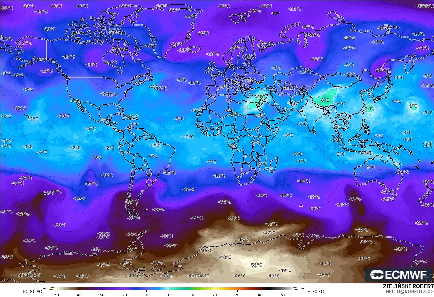 ECMWF IFS 0.25° モデル - 世界, 気温（500hPa）