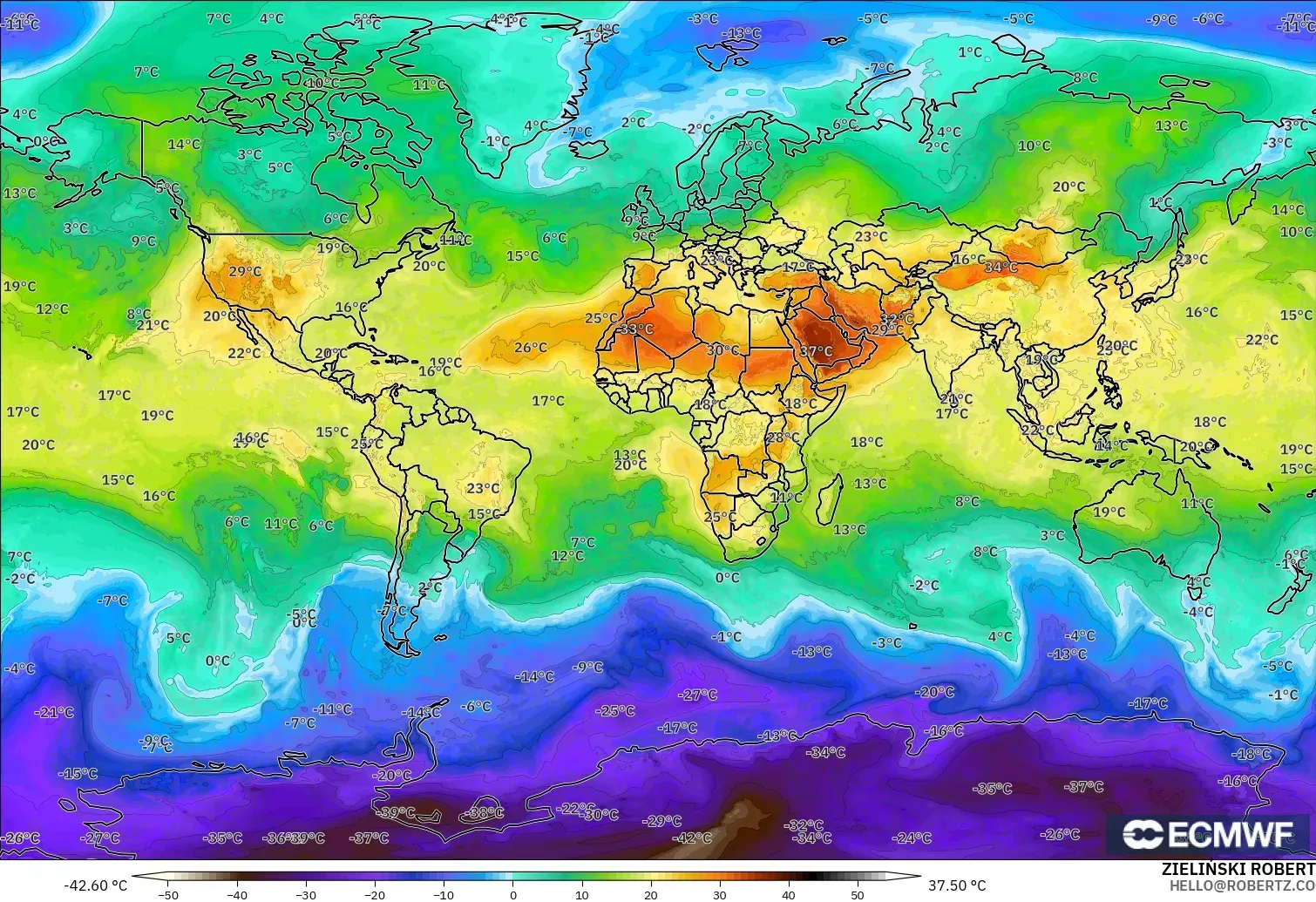 ECMWF IFS 0.25° モデル - 世界, 気温（850hPa）