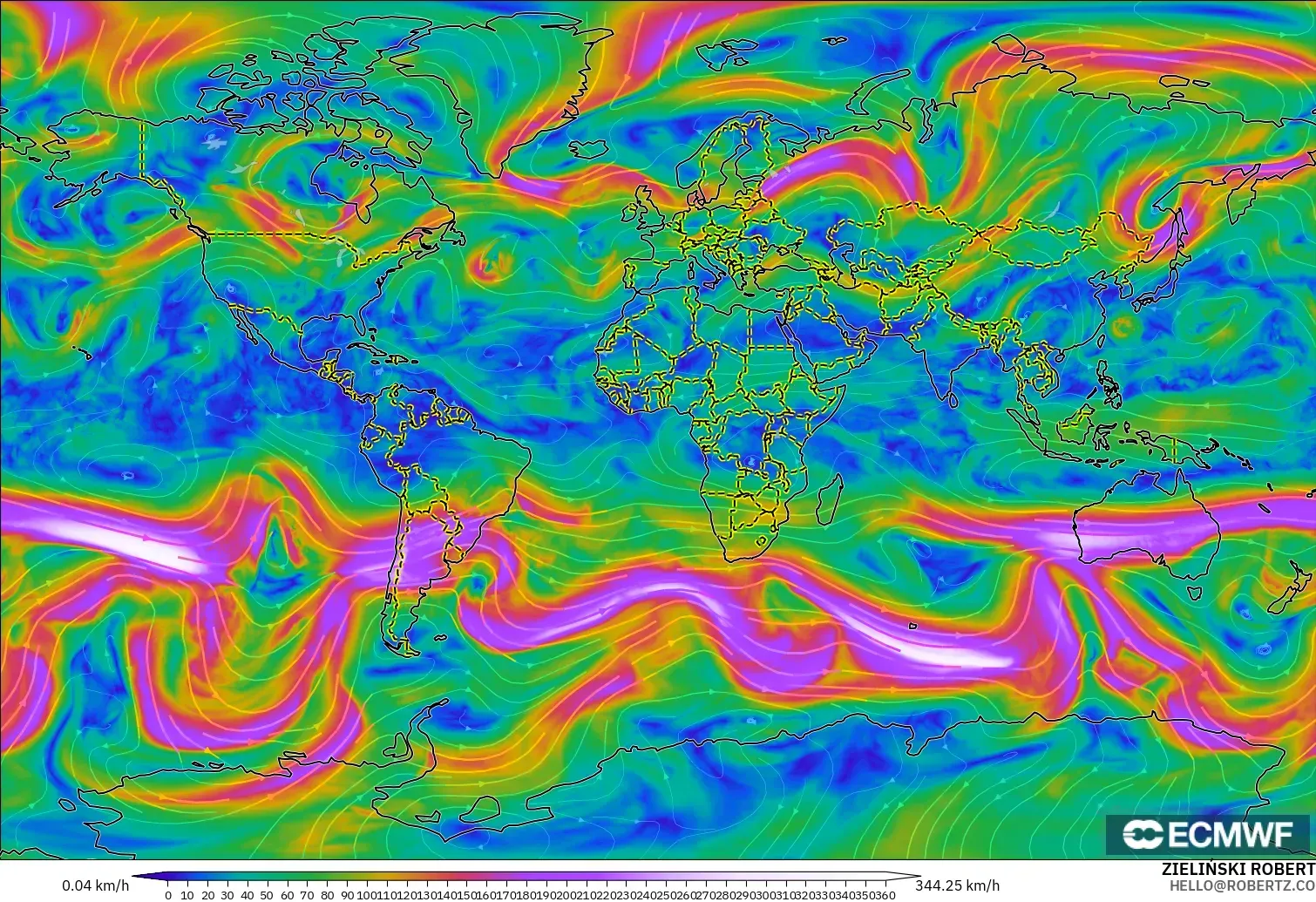 ECMWF IFS 0.25° モデル - 世界, 風速（300hPa）