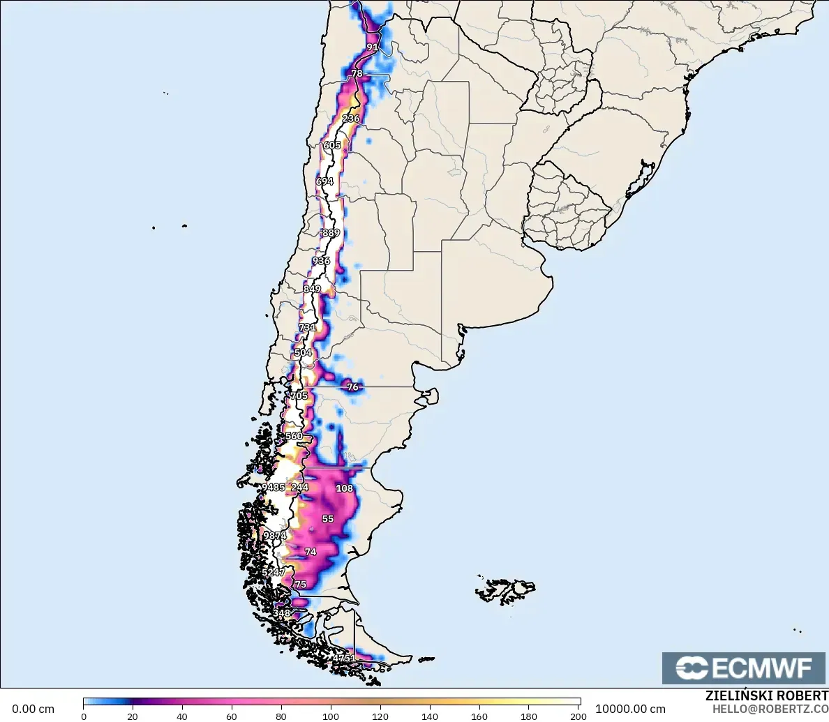 ECMWF IFS 0.25° モデル - アルゼンチン, 積雪深