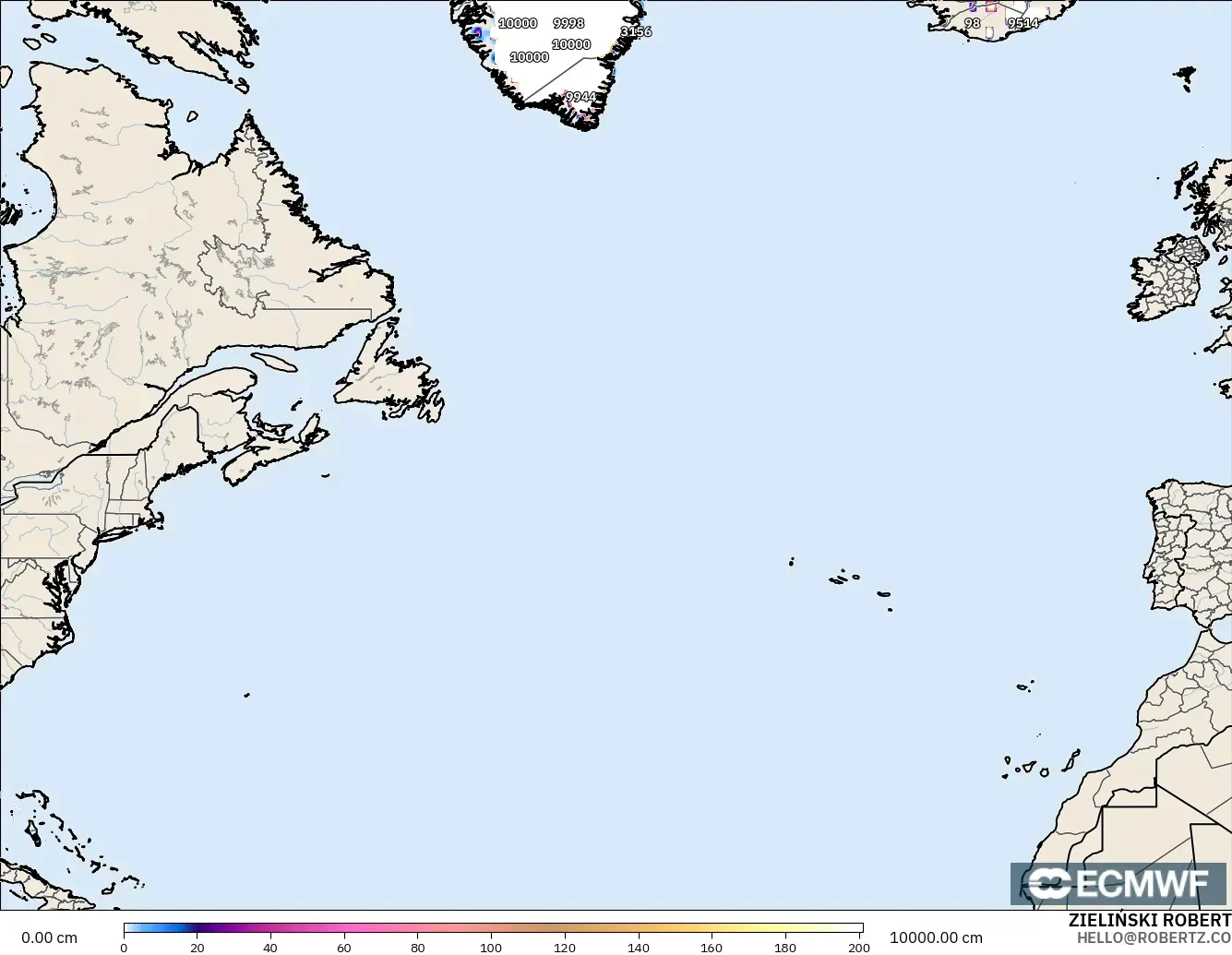 ECMWF IFS 0.25° モデル - 北大西洋, 積雪深