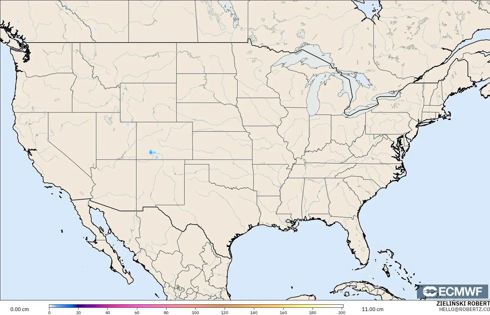ECMWF IFS 0.25° モデル - アメリカ合衆国, 積雪深