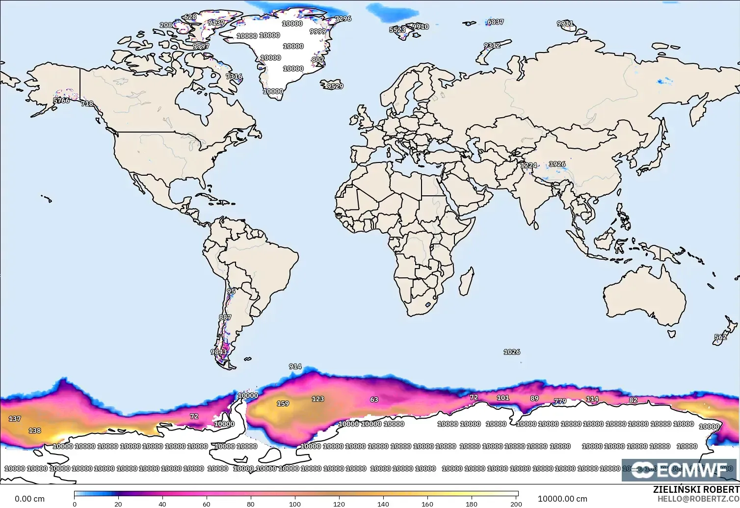 ECMWF IFS 0.25° モデル - 世界, 積雪深