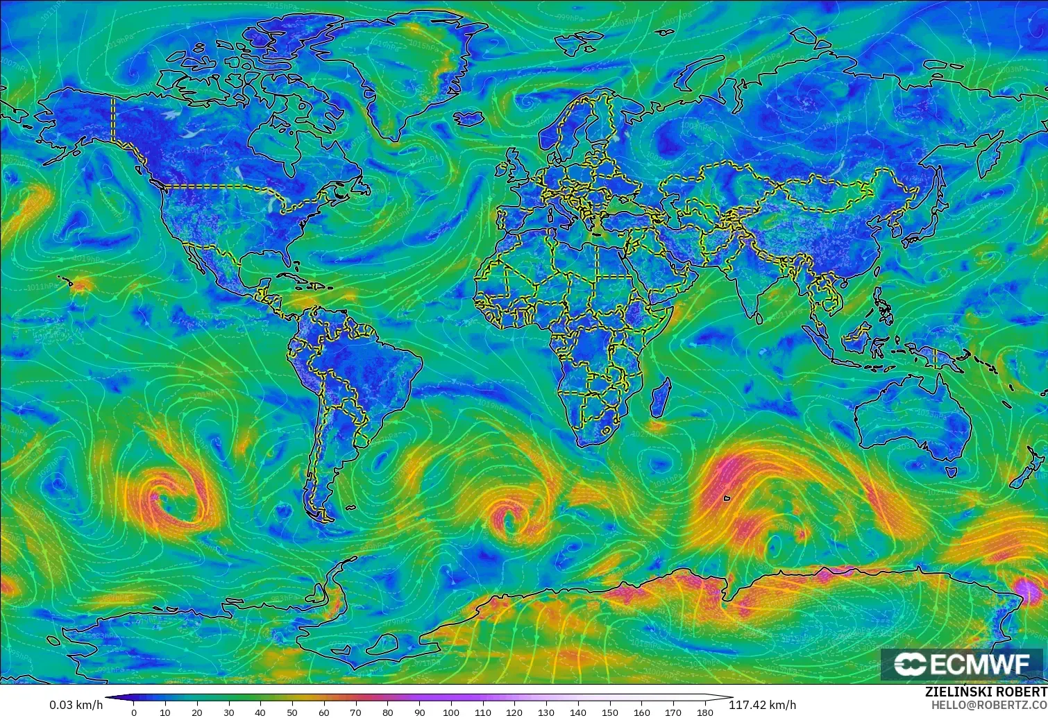 ECMWF IFS 0.25° モデル - 世界, 風速（10m）