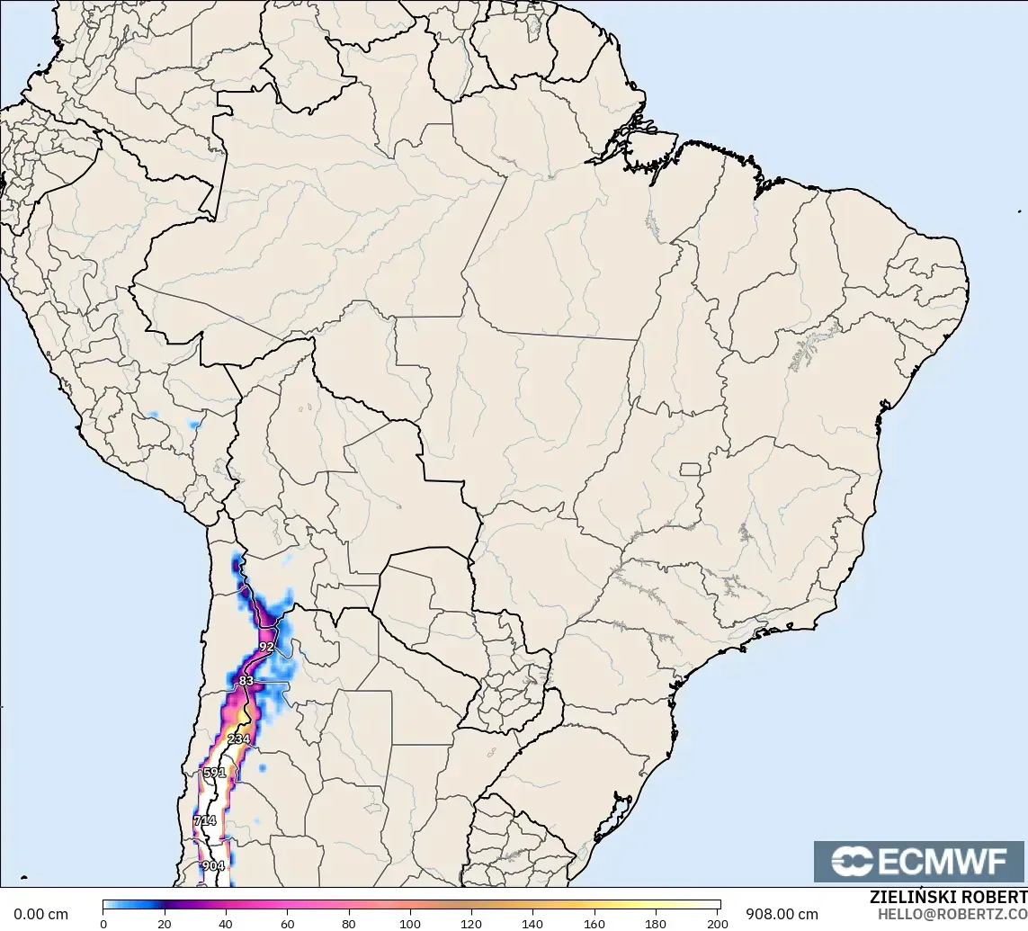 ECMWF IFS 0.25° モデル - ブラジル, 積雪深