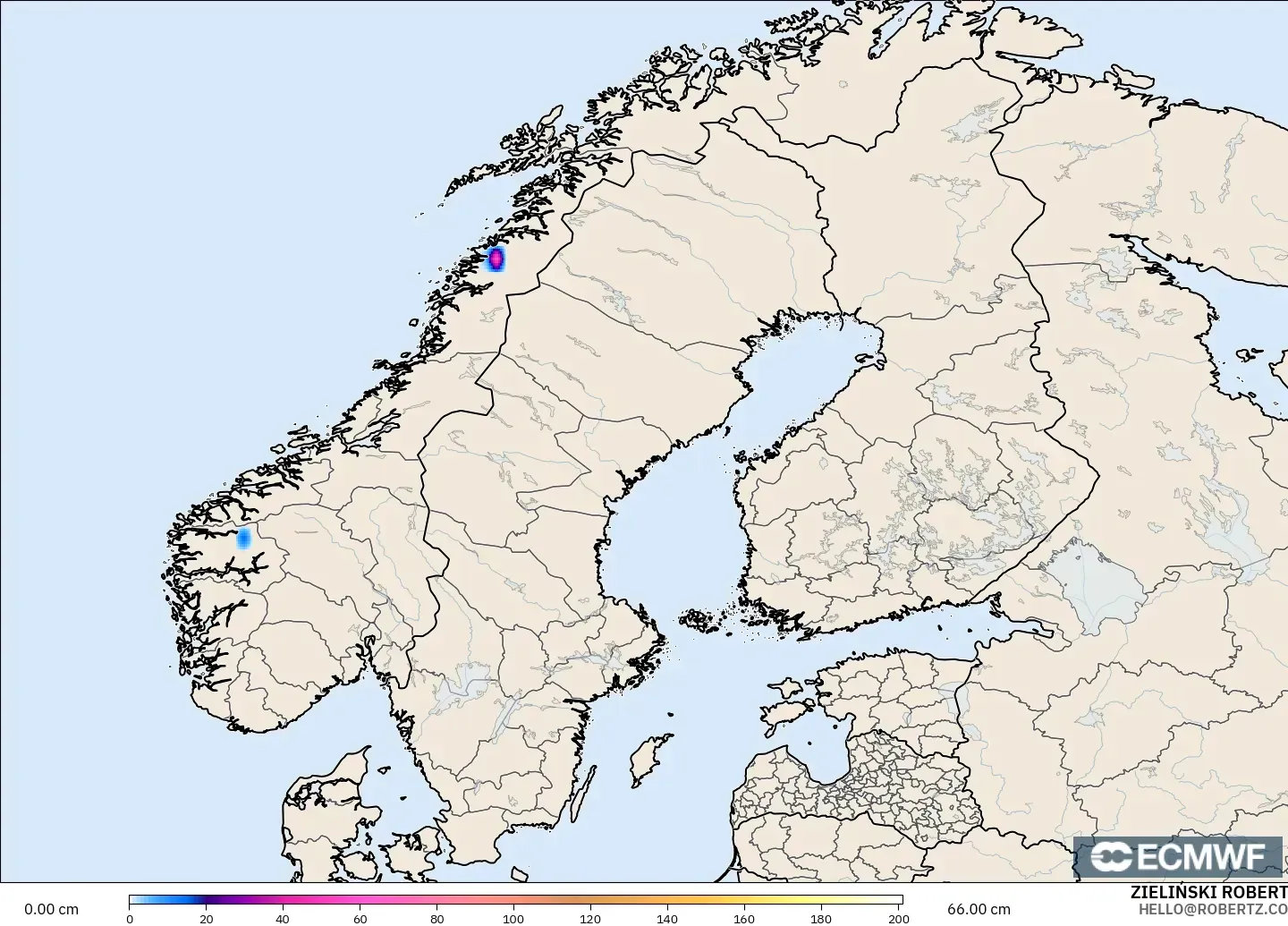 ECMWF IFS 0.25° モデル - スカンジナビア, 積雪深