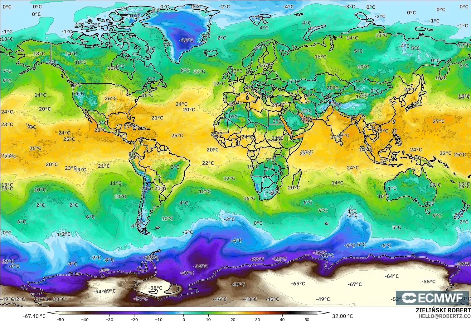 ECMWF IFS 0.25° モデル - 世界, 露点温度（2m）