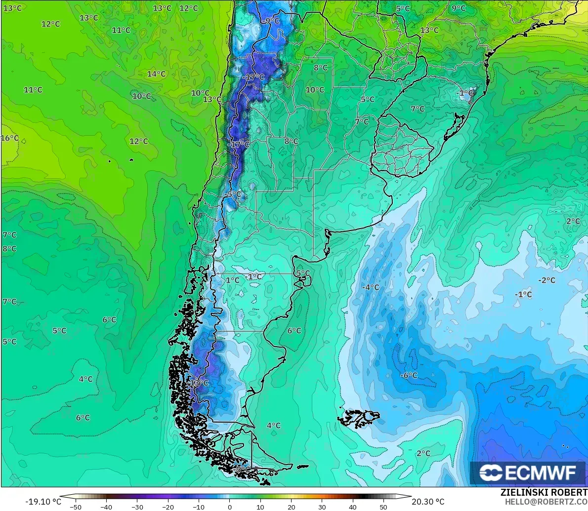 ECMWF IFS 0.25° モデル - アルゼンチン, 露点温度（2m）