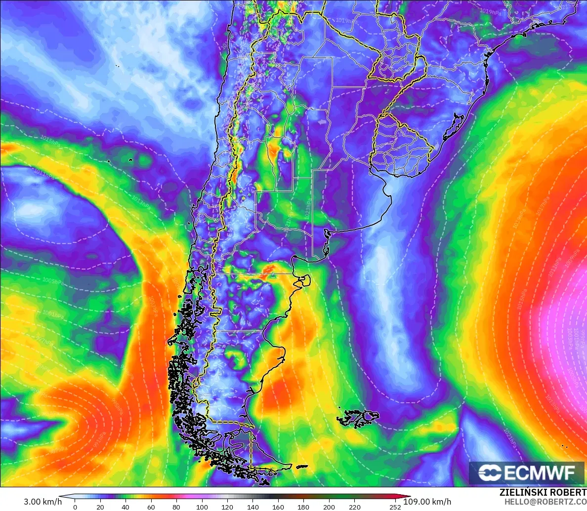 ECMWF IFS 0.25° モデル - アルゼンチン, 突風
