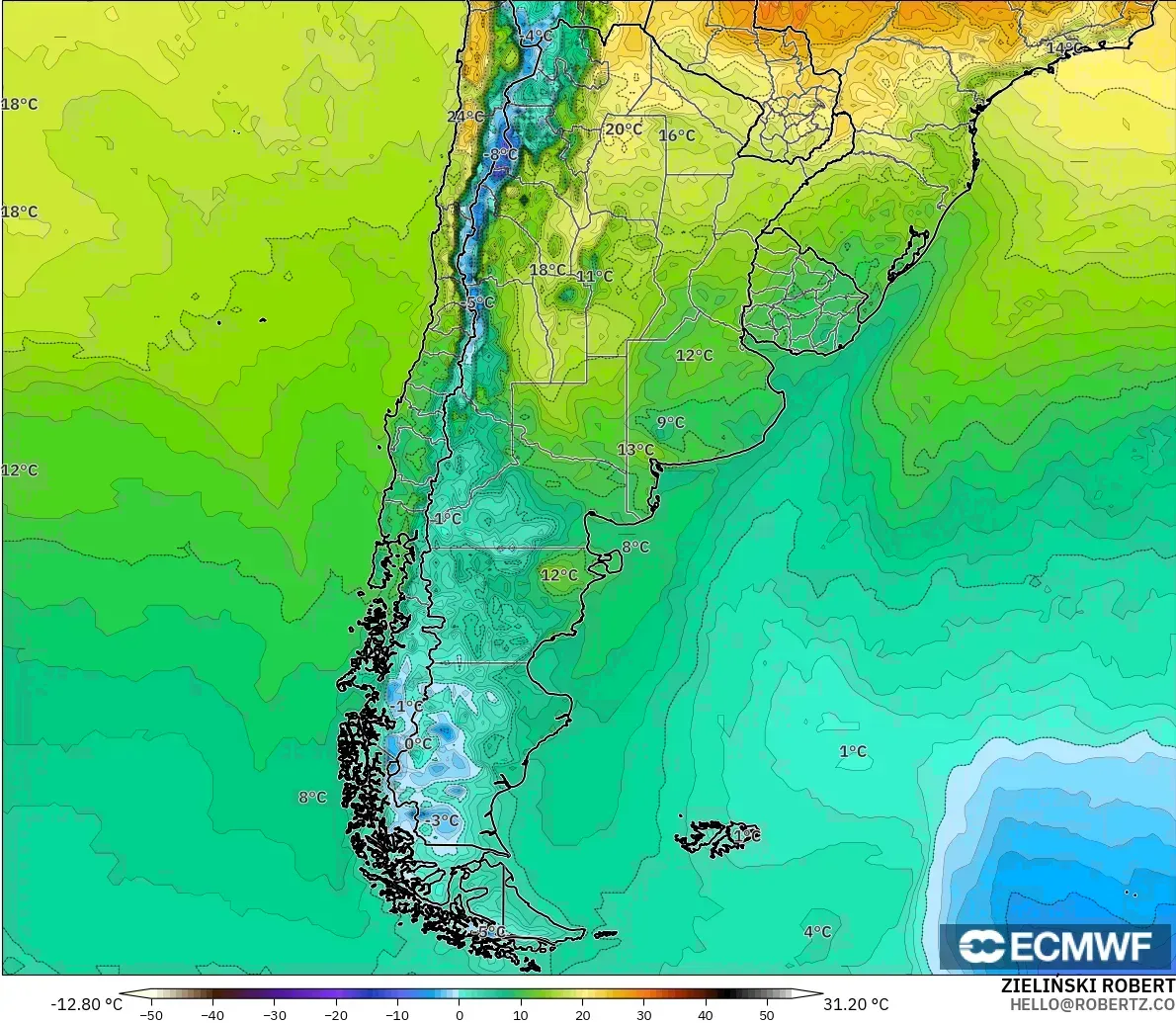 ECMWF IFS 0.25° モデル - アルゼンチン, 気温（2m）