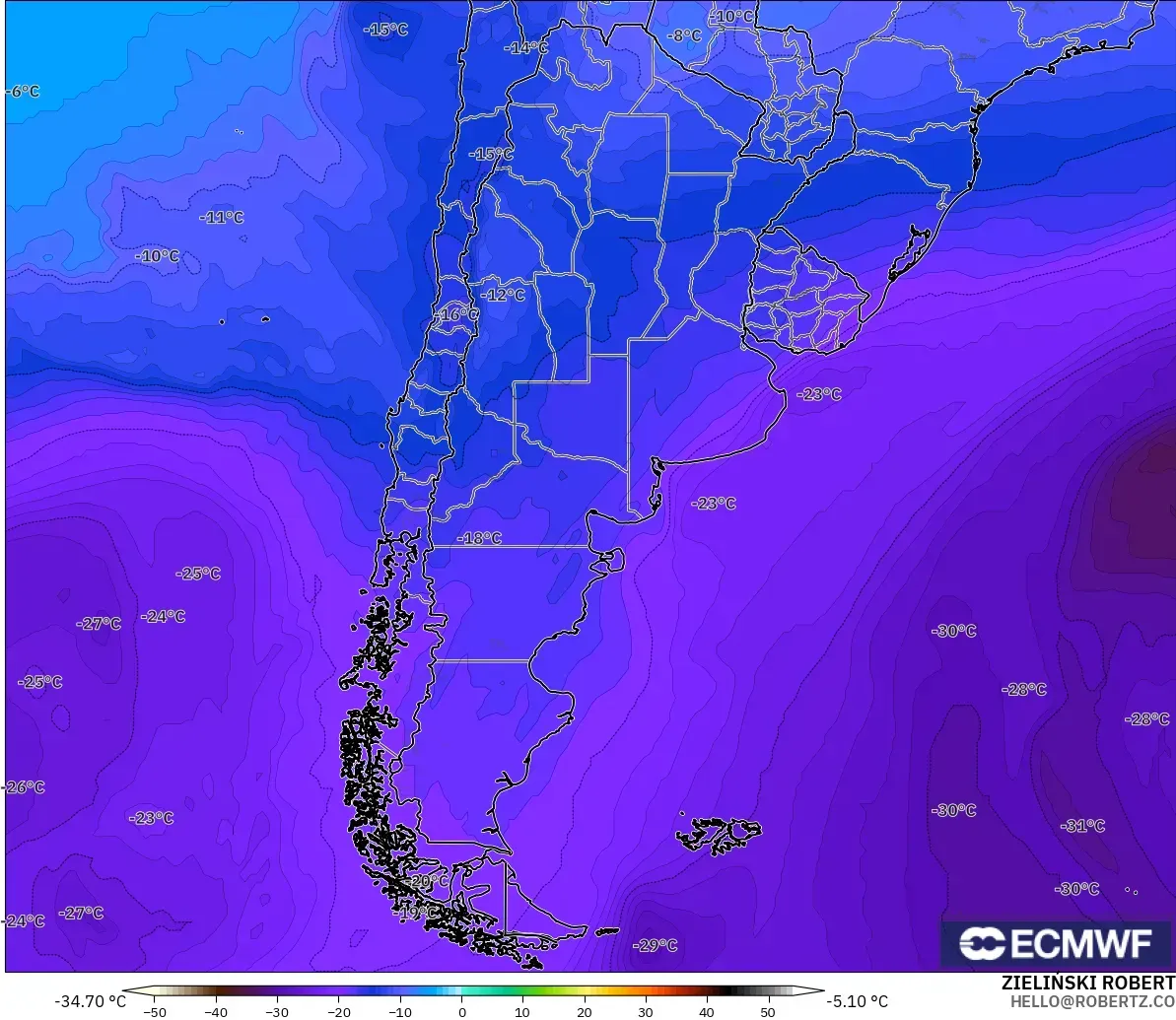 ECMWF IFS 0.25° モデル - アルゼンチン, 気温（500hPa）