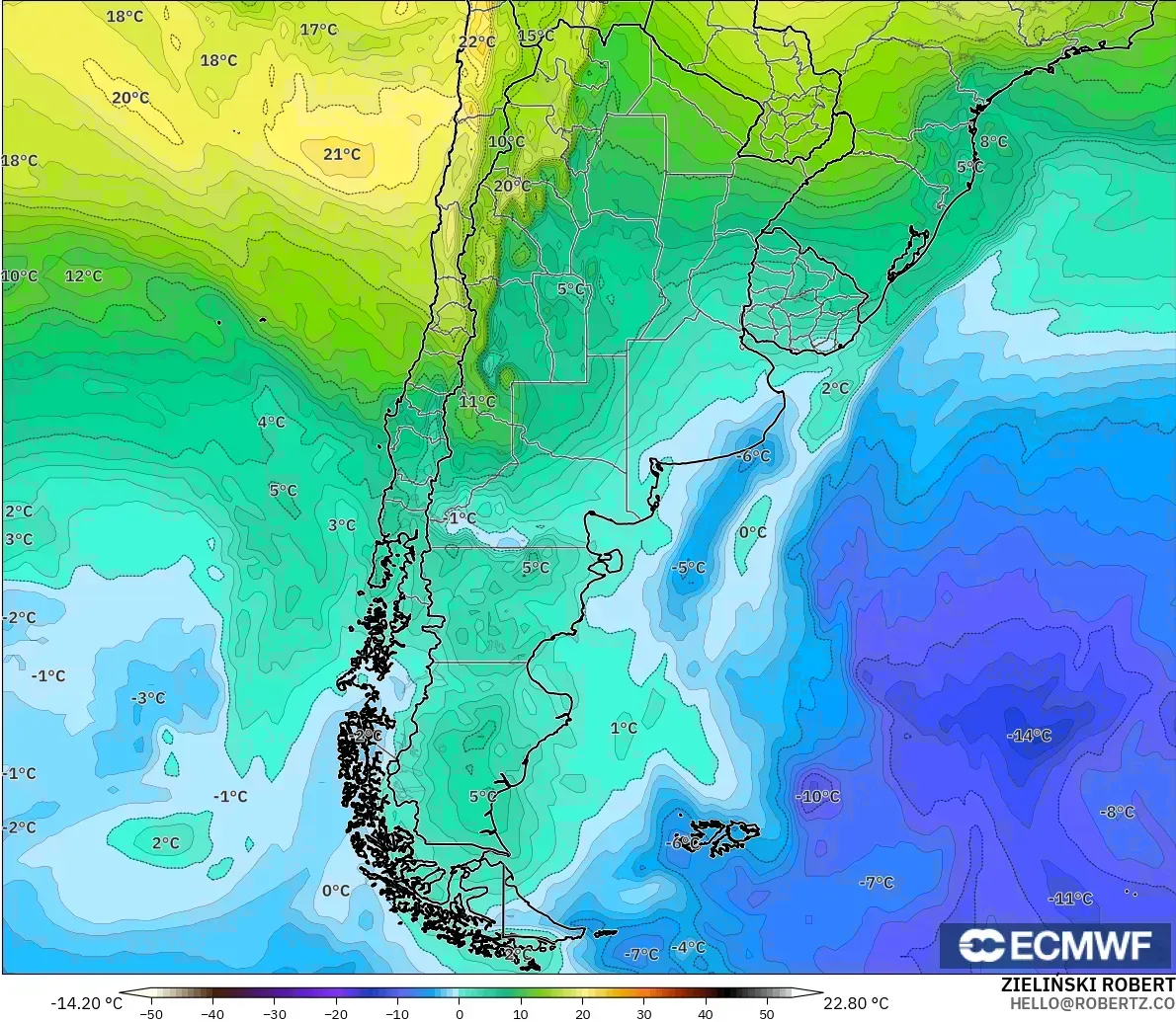 ECMWF IFS 0.25° モデル - アルゼンチン, 気温（850hPa）