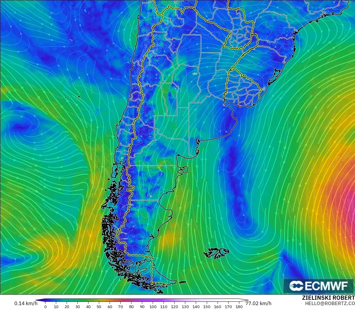 ECMWF IFS 0.25° モデル - アルゼンチン, 風速（10m）