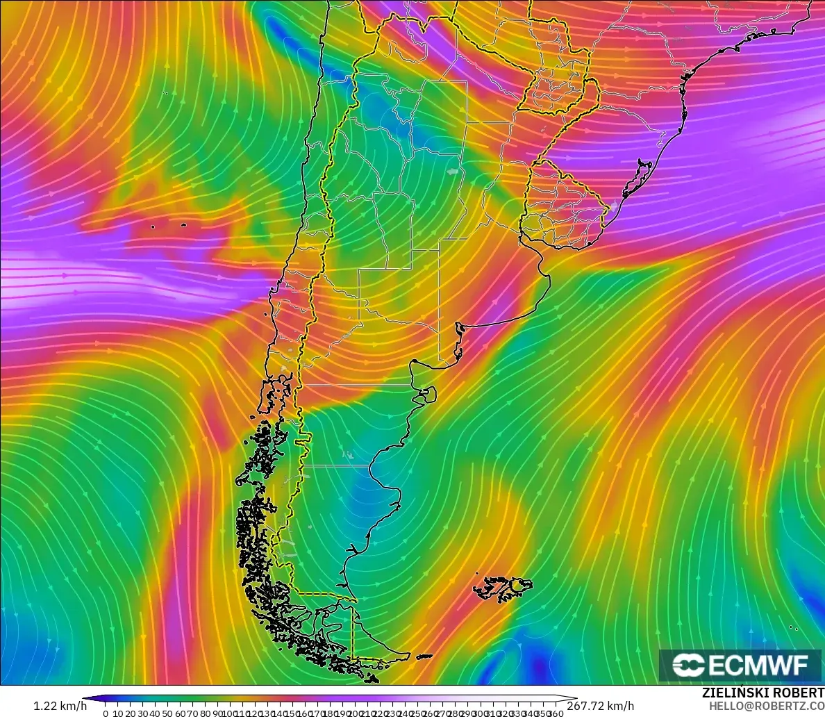 ECMWF IFS 0.25° モデル - アルゼンチン, 風速（300hPa）