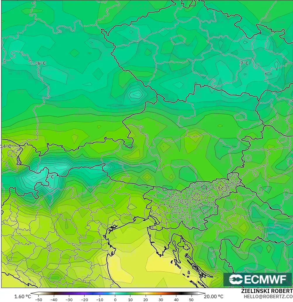 ECMWF IFS 0.25° モデル - オーストリア, 露点温度（2m）