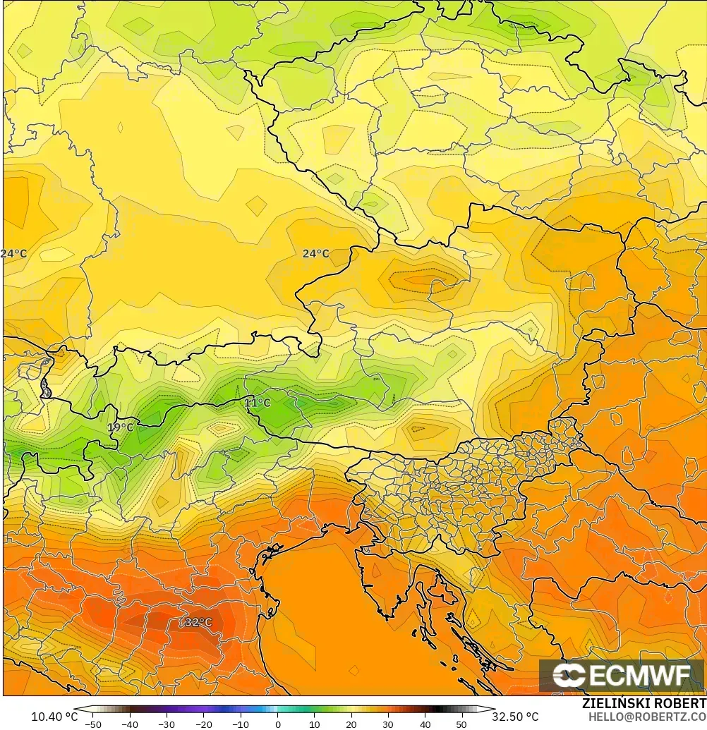 ECMWF IFS 0.25° モデル - オーストリア, 気温（2m）