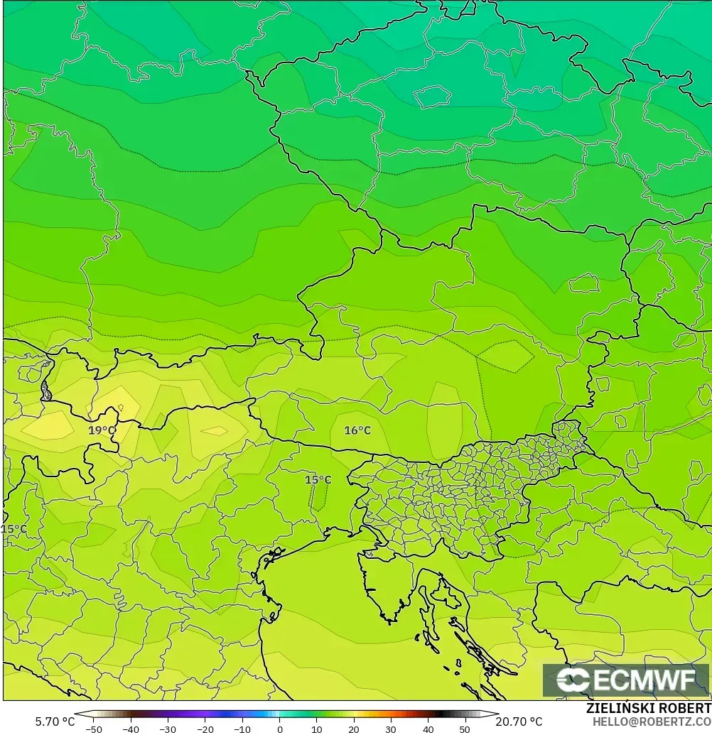 ECMWF IFS 0.25° モデル - オーストリア, 気温（850hPa）