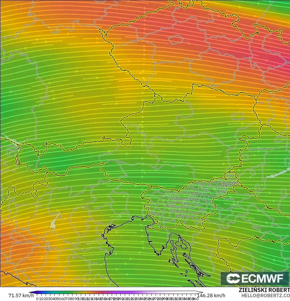 ECMWF IFS 0.25° モデル - オーストリア, 風速（300hPa）