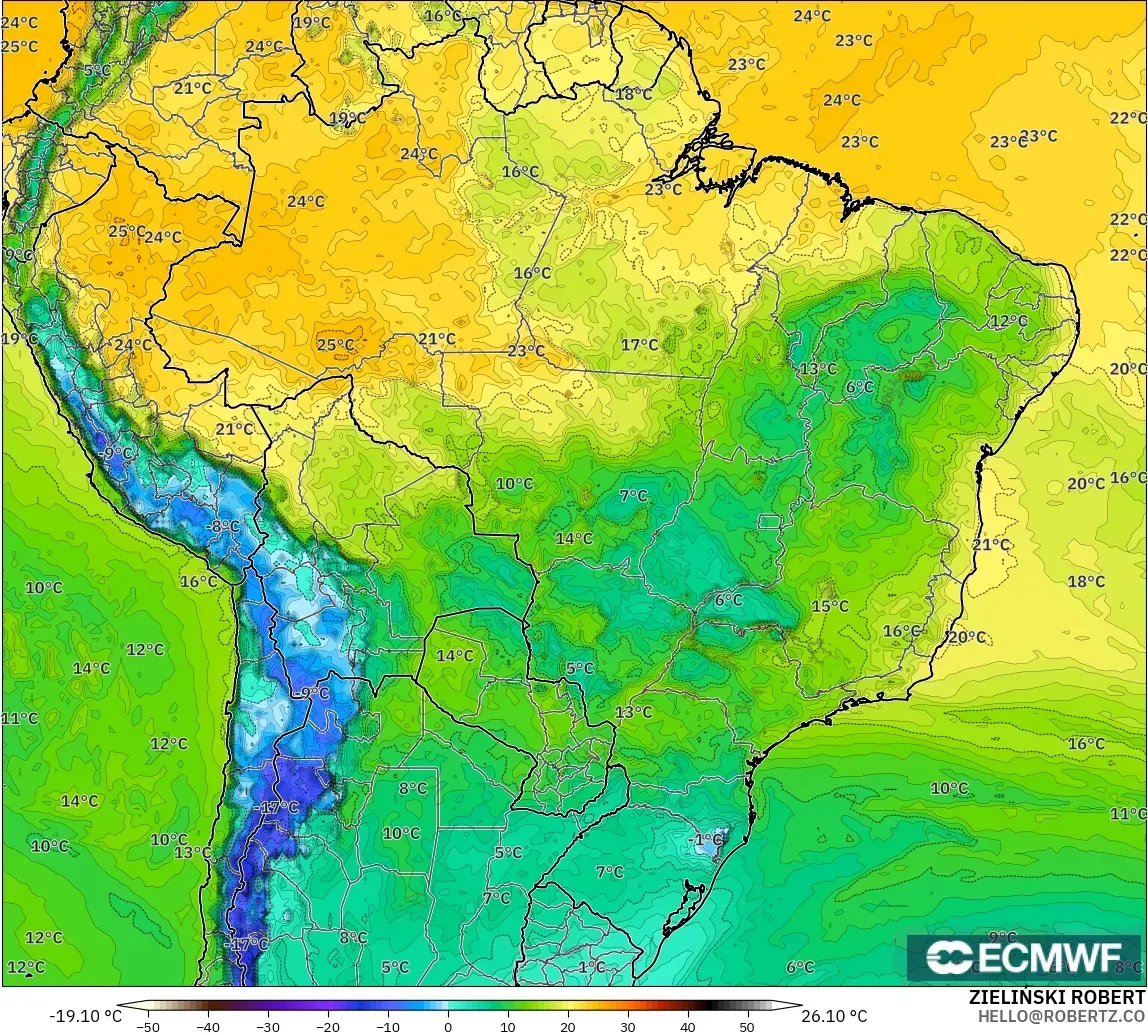 ECMWF IFS 0.25° モデル - ブラジル, 露点温度（2m）