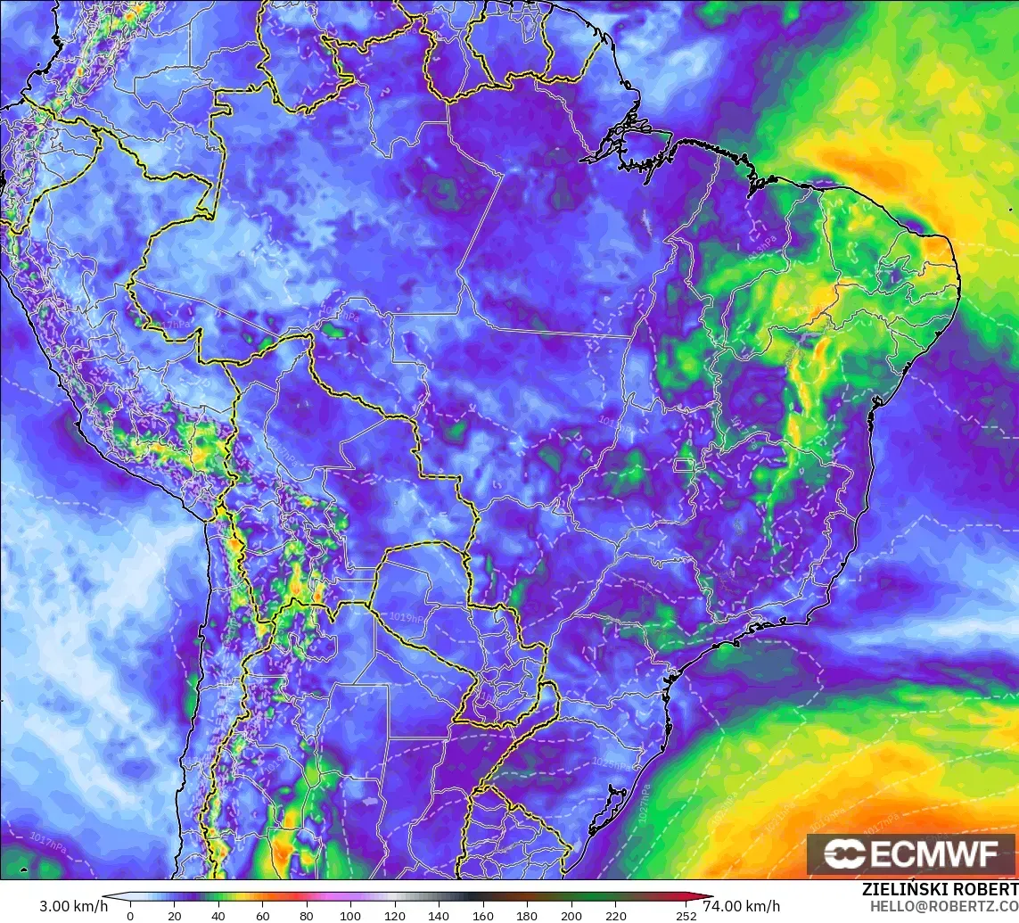 ECMWF IFS 0.25° モデル - ブラジル, 突風（最大）