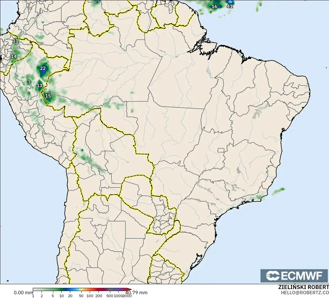ECMWF IFS 0.25° モデル - ブラジル, 降水量の合計