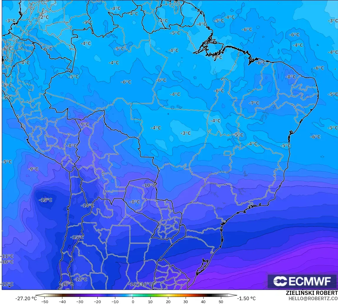ECMWF IFS 0.25° モデル - ブラジル, 気温（500hPa）