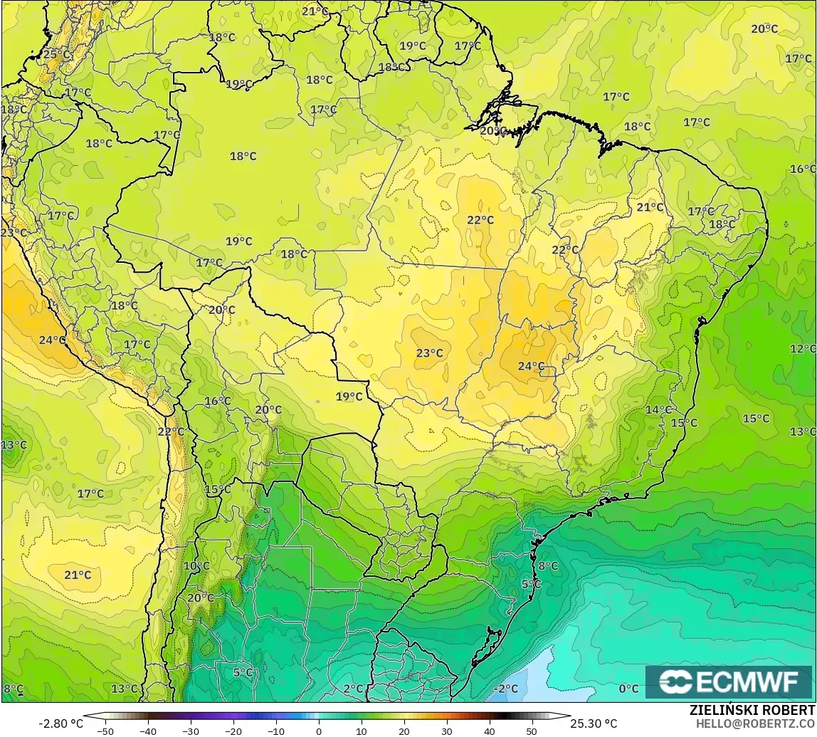 ECMWF IFS 0.25° モデル - ブラジル, 気温（850hPa）