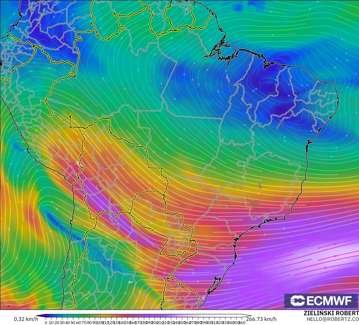 ECMWF IFS 0.25° モデル - ブラジル, 風速（300hPa）
