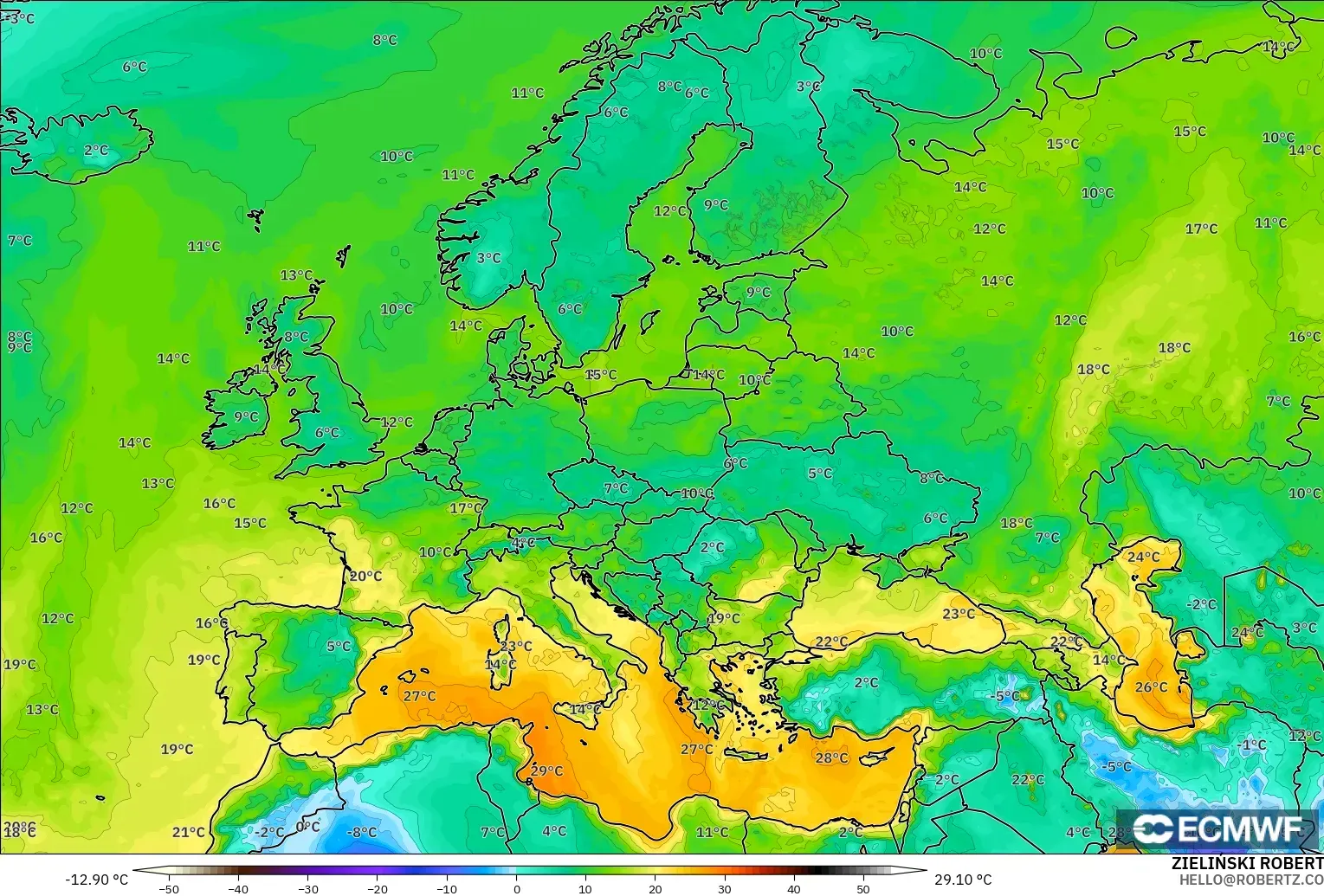 ECMWF IFS 0.25° モデル - ヨーロッパ, 露点温度（2m）