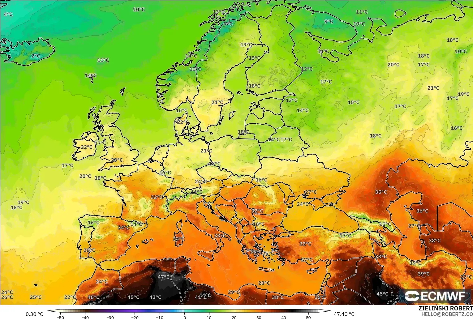 ECMWF IFS 0.25° モデル - ヨーロッパ, 気温（2m）