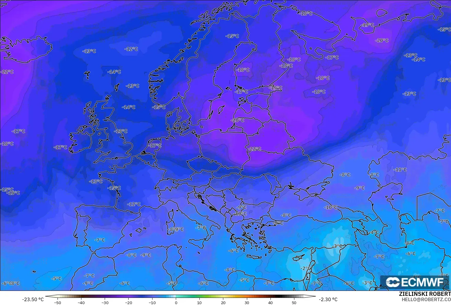 ECMWF IFS 0.25° モデル - ヨーロッパ, 気温（500hPa）