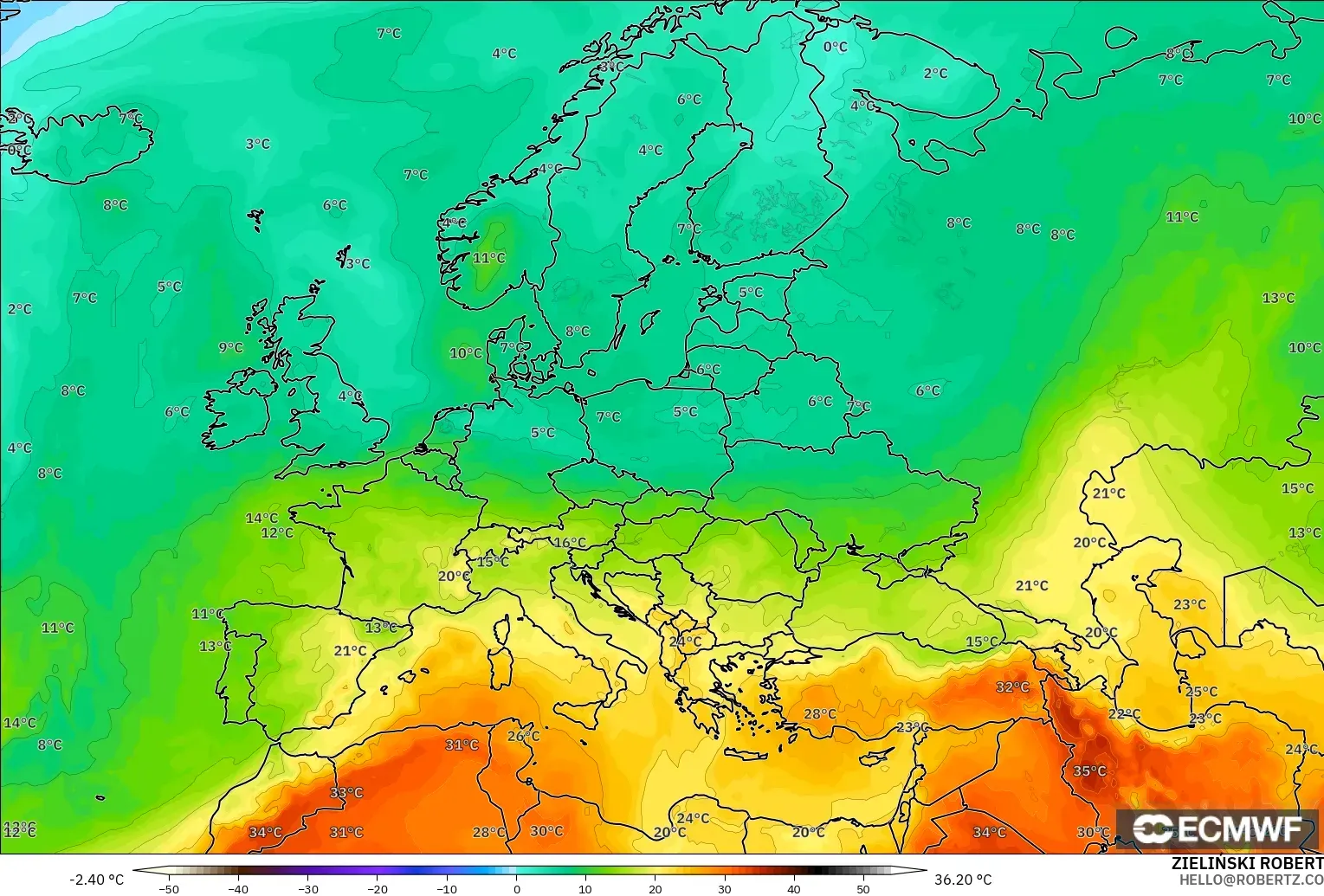 ECMWF IFS 0.25° モデル - ヨーロッパ, 気温（850hPa）