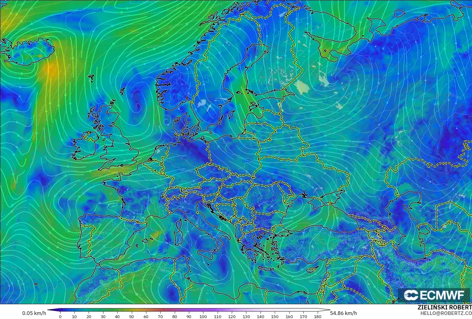 ECMWF IFS 0.25° モデル - ヨーロッパ, 風速（10m）