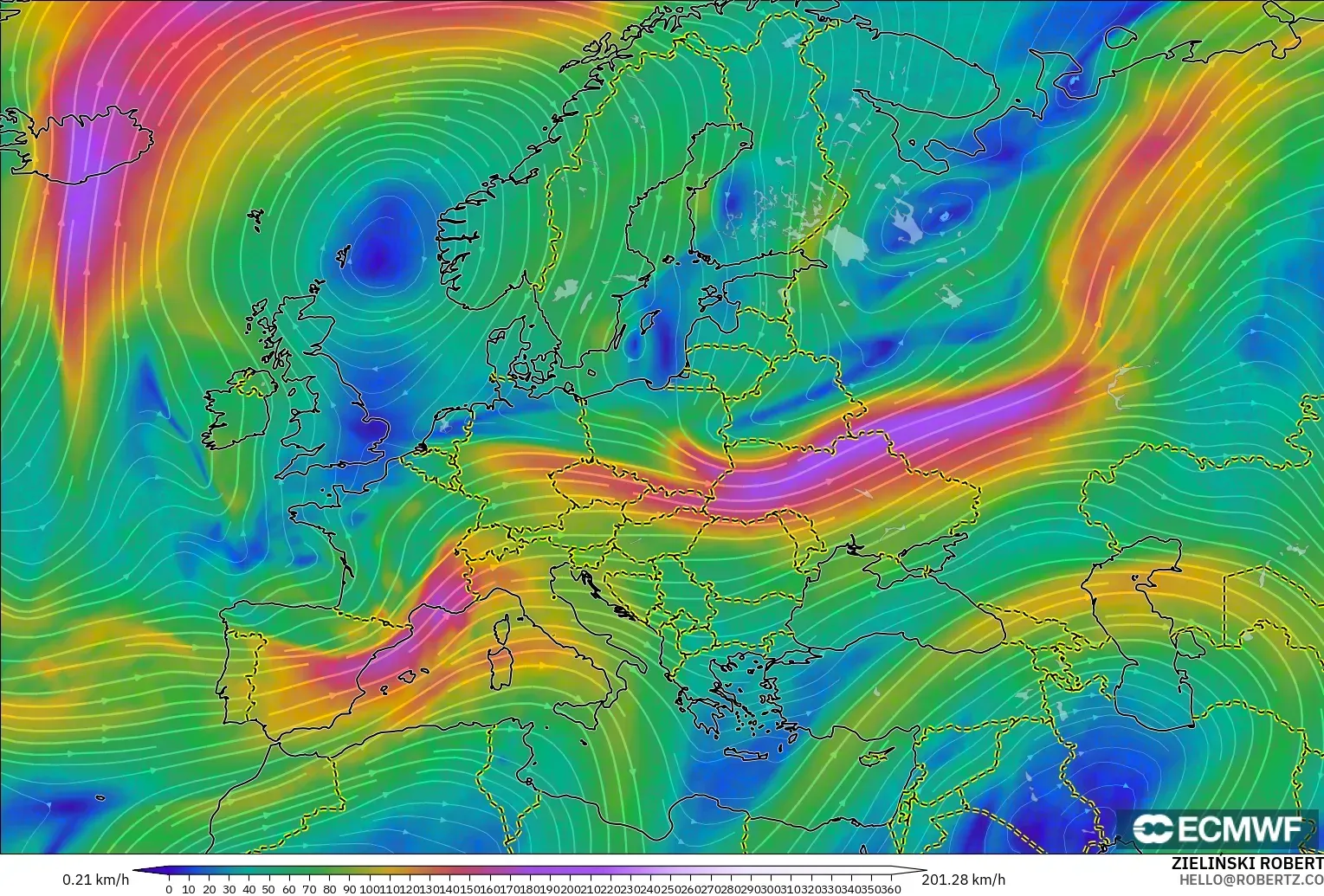 ECMWF IFS 0.25° モデル - ヨーロッパ, 風速（300hPa）
