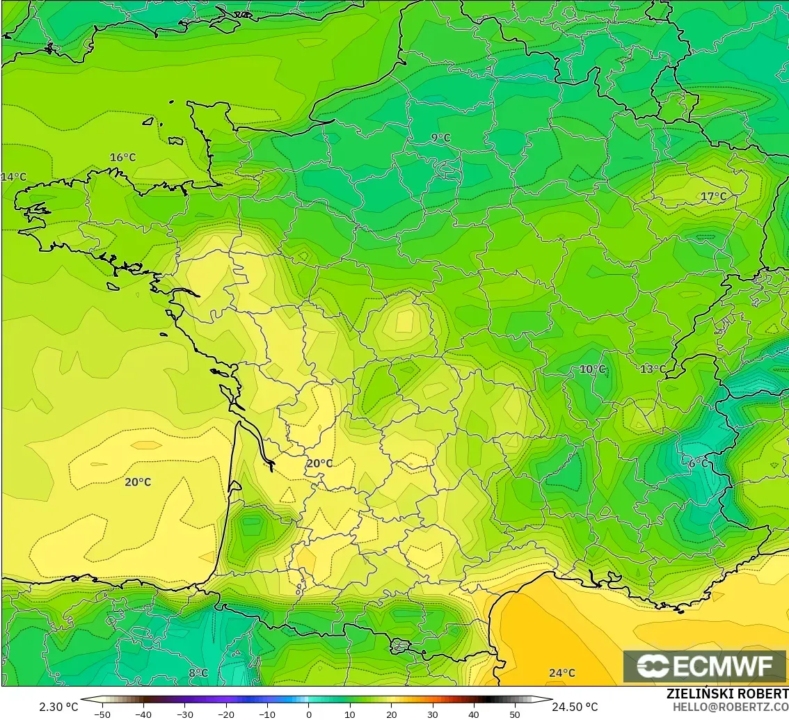 ECMWF IFS 0.25° モデル - フランス, 露点温度（2m）