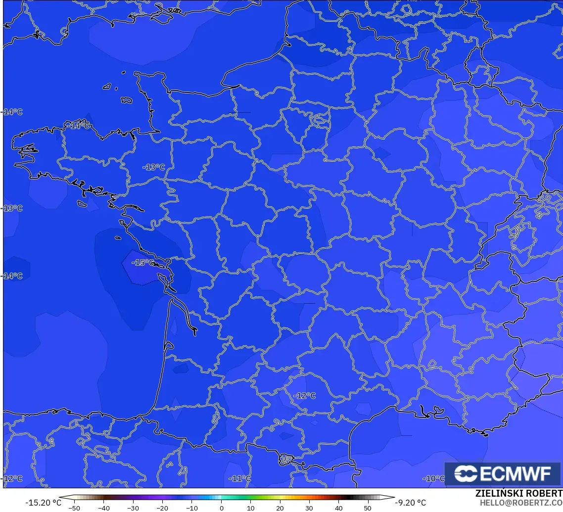 ECMWF IFS 0.25° モデル - フランス, 気温（500hPa）