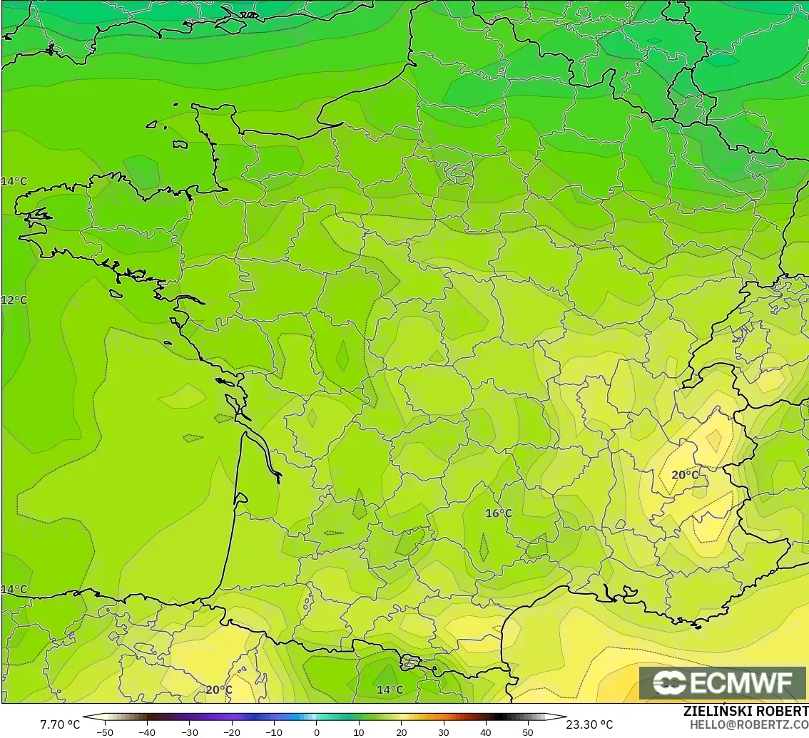 ECMWF IFS 0.25° モデル - フランス, 気温（850hPa）