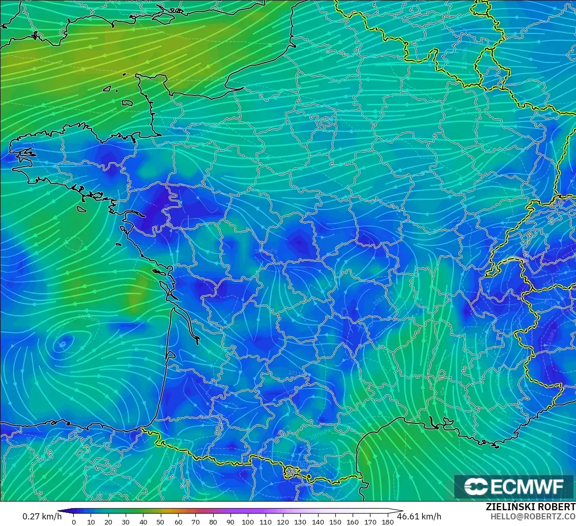 ECMWF IFS 0.25° モデル - フランス, 風速（10m）