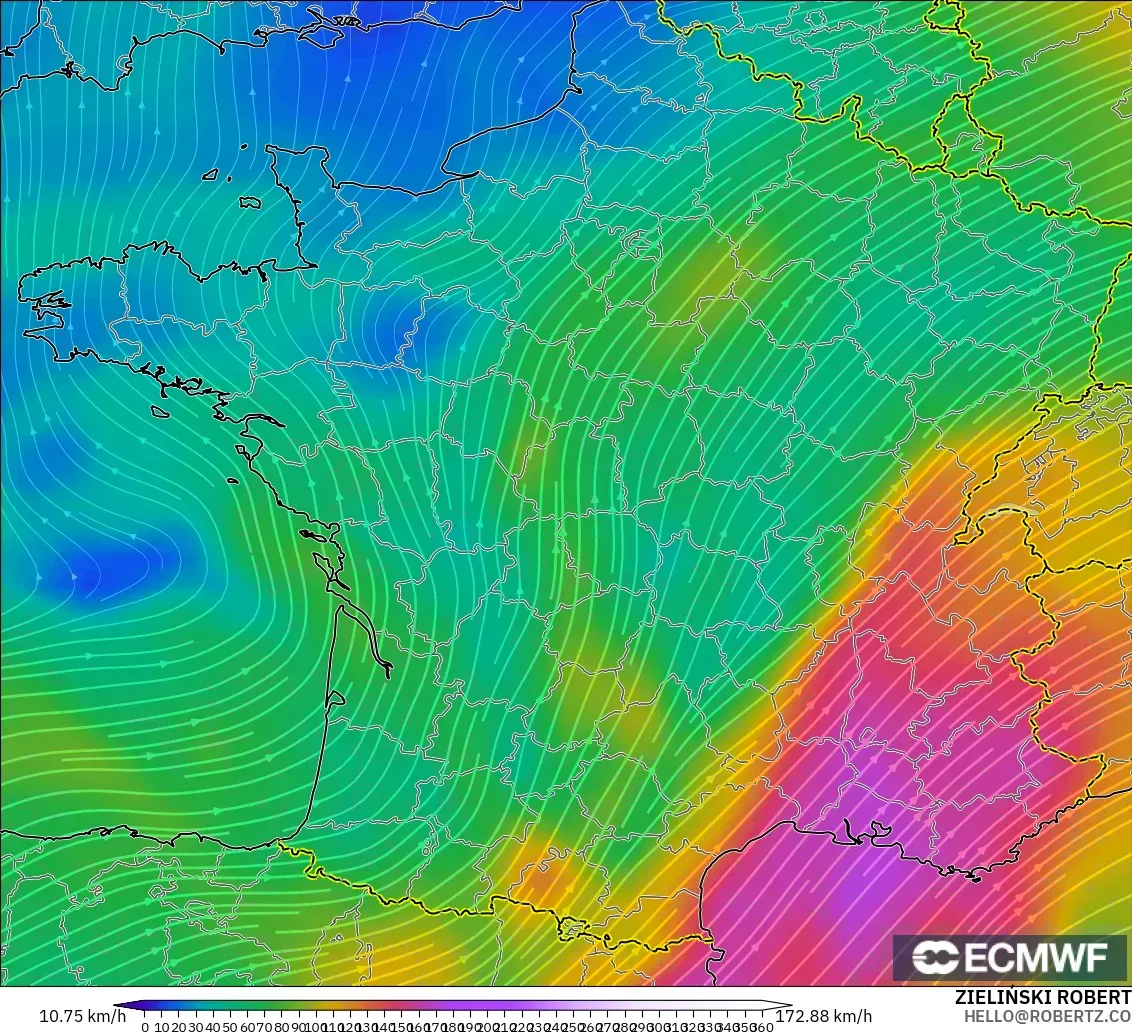 ECMWF IFS 0.25° モデル - フランス, 風速（300hPa）