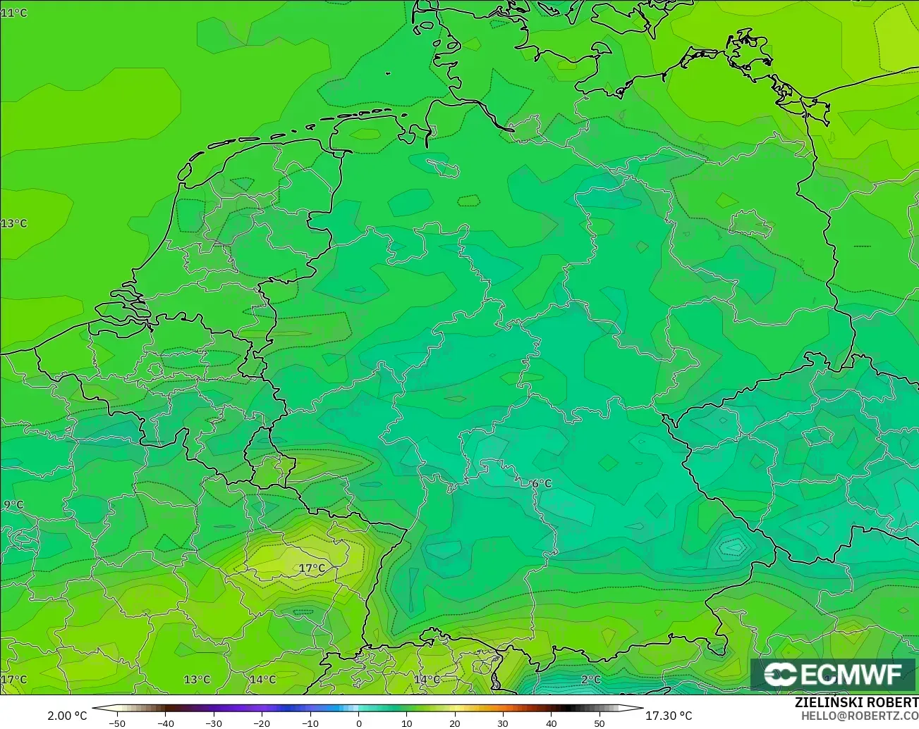 ECMWF IFS 0.25° モデル - ドイツ, 露点温度（2m）