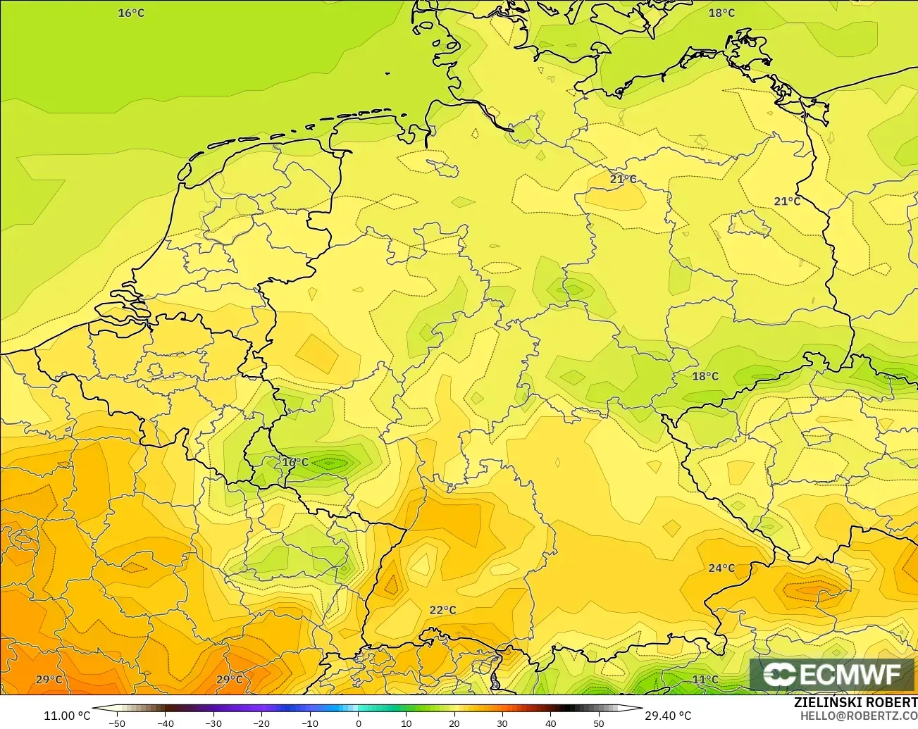 ECMWF IFS 0.25° モデル - ドイツ, 気温（2m）