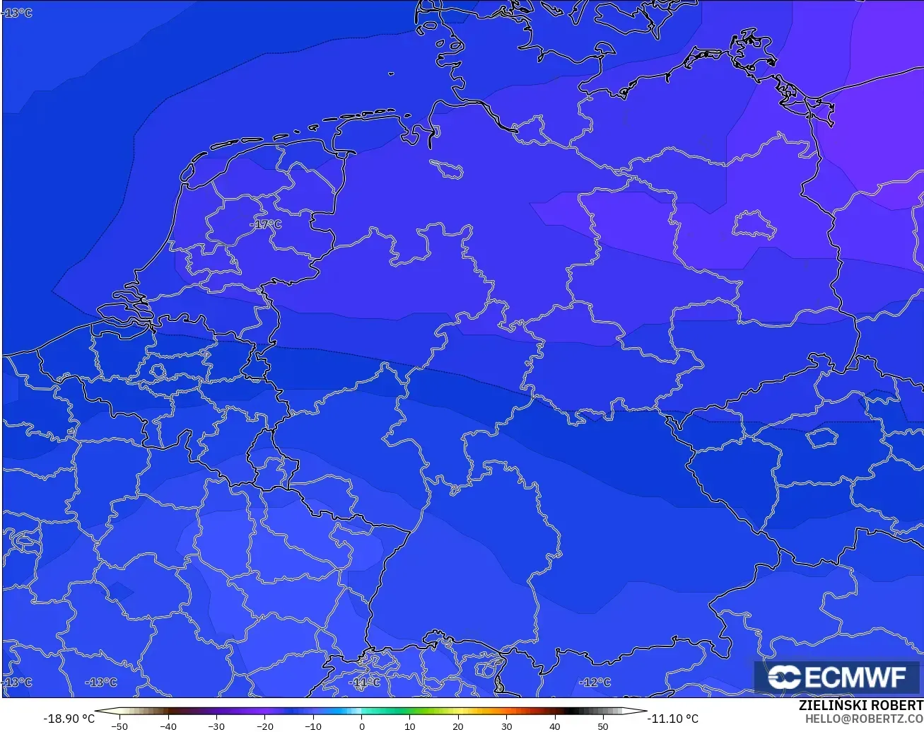 ECMWF IFS 0.25° モデル - ドイツ, 気温（500hPa）