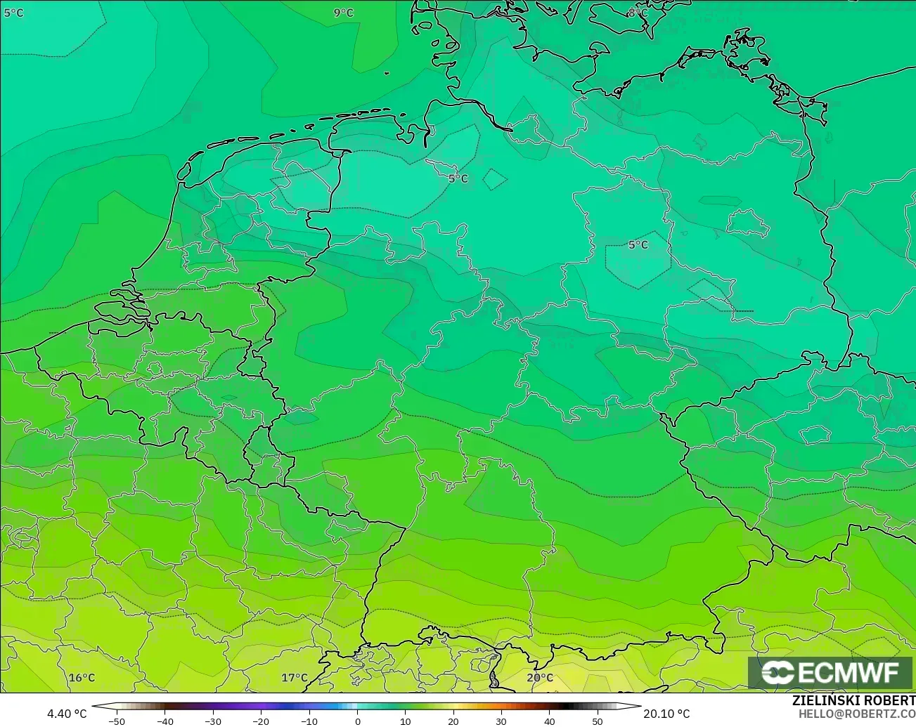 ECMWF IFS 0.25° モデル - ドイツ, 気温（850hPa）