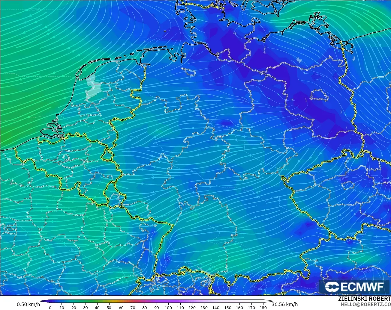 ECMWF IFS 0.25° モデル - ドイツ, 風速（10m）