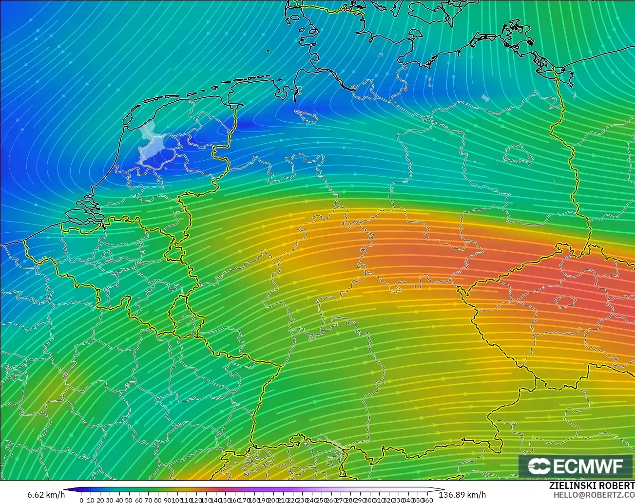 ECMWF IFS 0.25° モデル - ドイツ, 風速（300hPa）