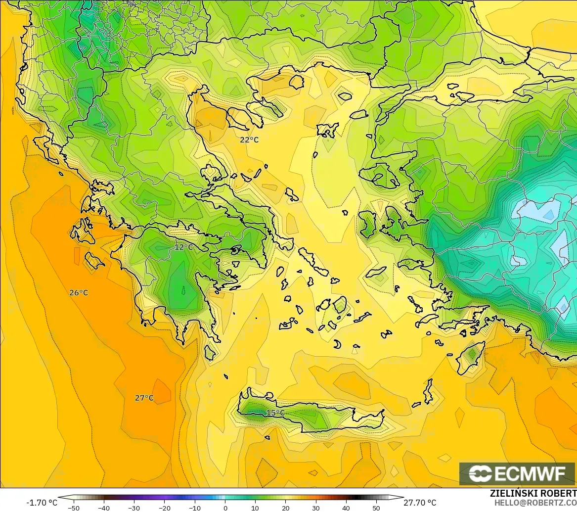 ECMWF IFS 0.25° モデル - ギリシャ, 露点温度（2m）
