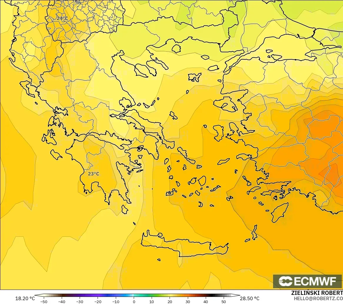 ECMWF IFS 0.25° モデル - ギリシャ, 気温（850hPa）